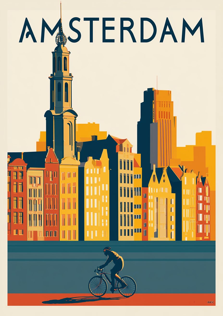 Póster Ámsterdam Ciclista — Ilustración Retro (Ref.0061)
